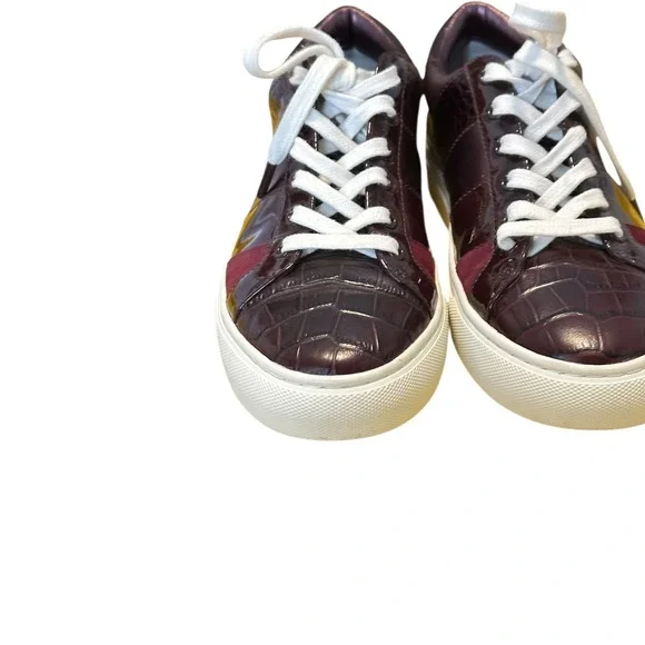 Tory‎ Burch Howell Court Sneakers Burgundy Croc Patent Leather Multi Colorblock