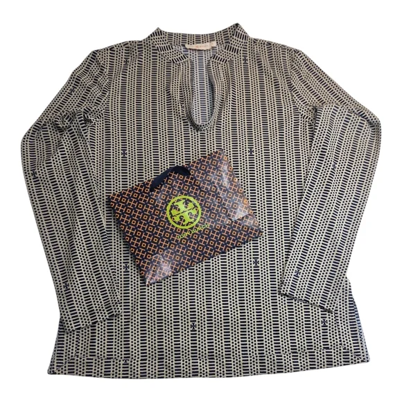 Tory Burch Long-sleeved Tunic Blouse geometric design and the iconic logo Size M