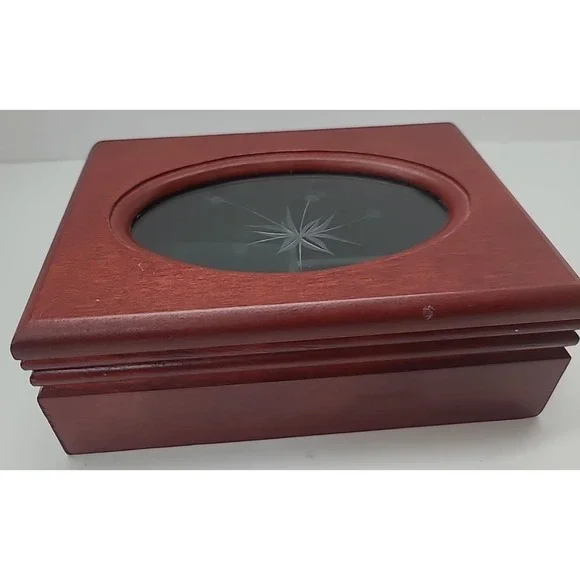 Vintage Wooden Jewelry Box With an Etched‎ Glass Lid