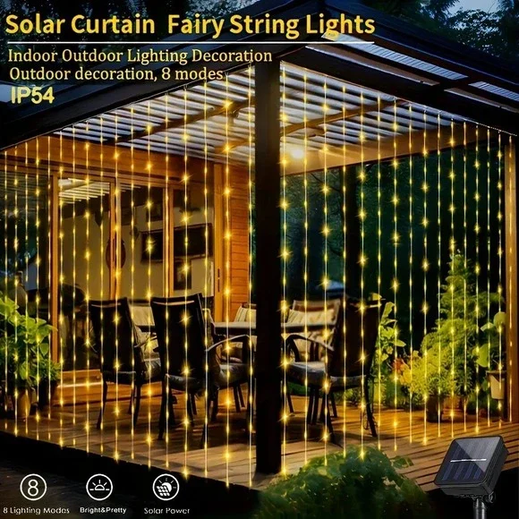 300 LEDs Solar Curtain Lights – 8 Lighting Modes Outdoor Fairy String Lights US
