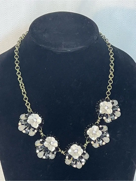 Vintage Necklace Flower Pendants White Enamel Petals Rhinestones Crystal Stones