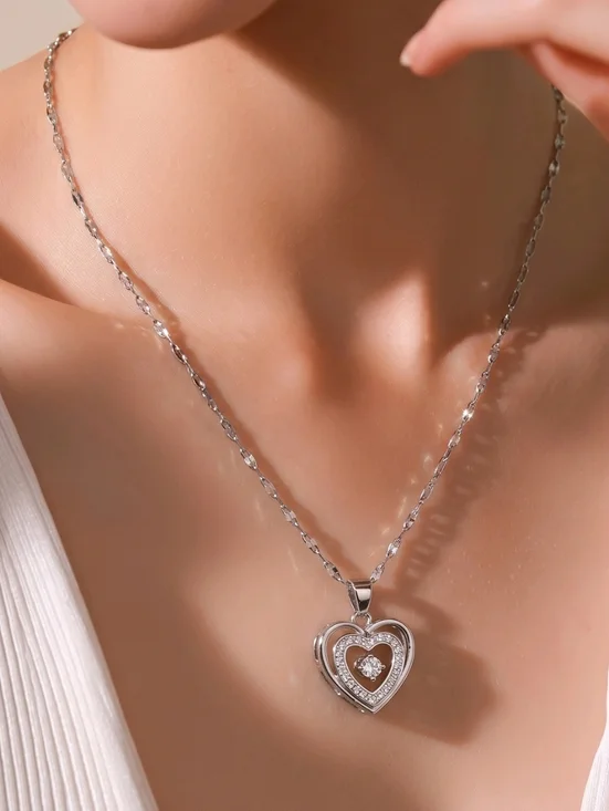 Silver Double Heart CZ Pendant Necklace – Stainless Steel Classy Elegant Minimal