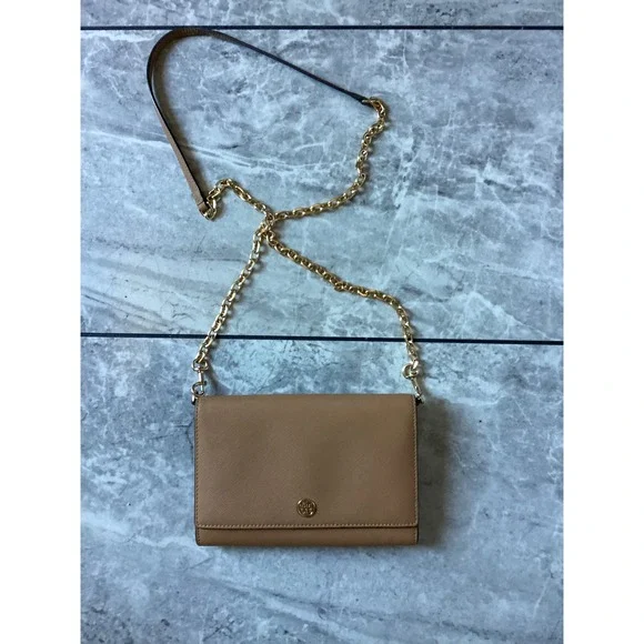 Tory Burch Robinson Chain Wallet Crossbody Bag Tan Saffiano Leather Gold Ware