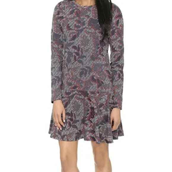Tory Burch Dahlia‎ Dress Size M Long Sleeve Navy Floral Drop Waist Pima Cotton