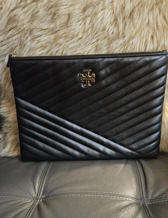 Tory Burch Quilted Leather Zip Pouch in Black with Gold Logo