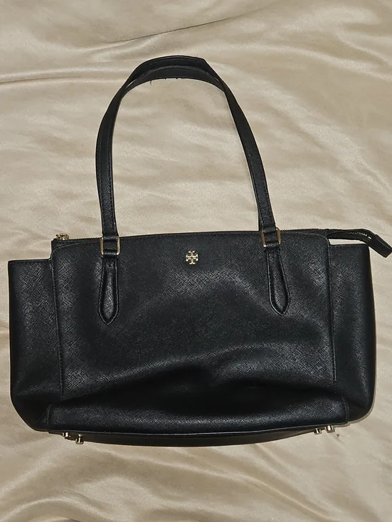 Tory Burch Black Leather Tote with Gold Logo