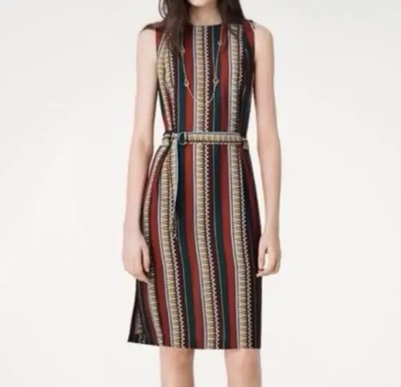 Tory Burch Julia Dress 8 Green Oceano Eden Striped Silk Sheath EUC *Missing Belt