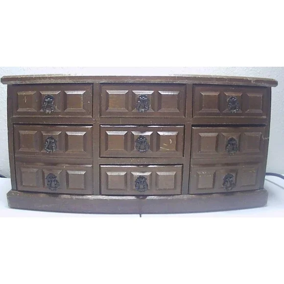 Apco 7 Drawer Dresser Style Jewelry Music Box Vintage Red Velvet Lined Drawers