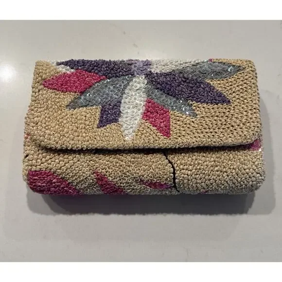 Floral Sequin Rafia Evening Clutch Purse Wedding Prom Vintage‎ Inspired Boho