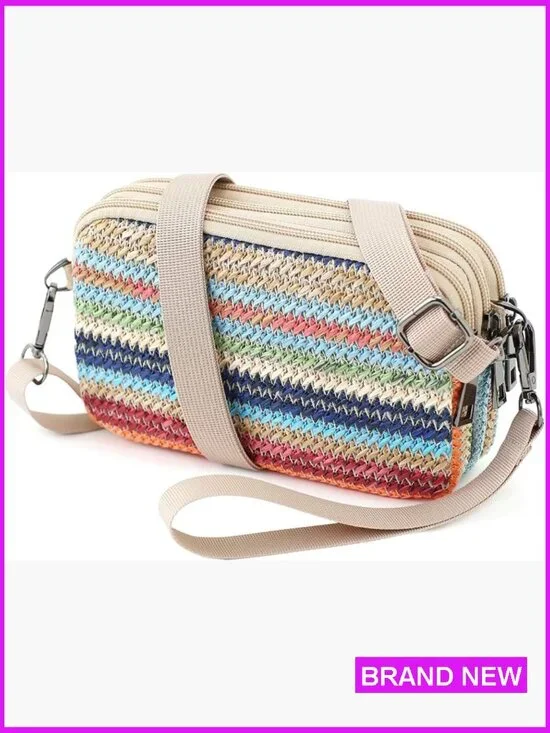 Small 3-Zip Wristlet Crossbody Phone Purse Lightweight Straw Texture