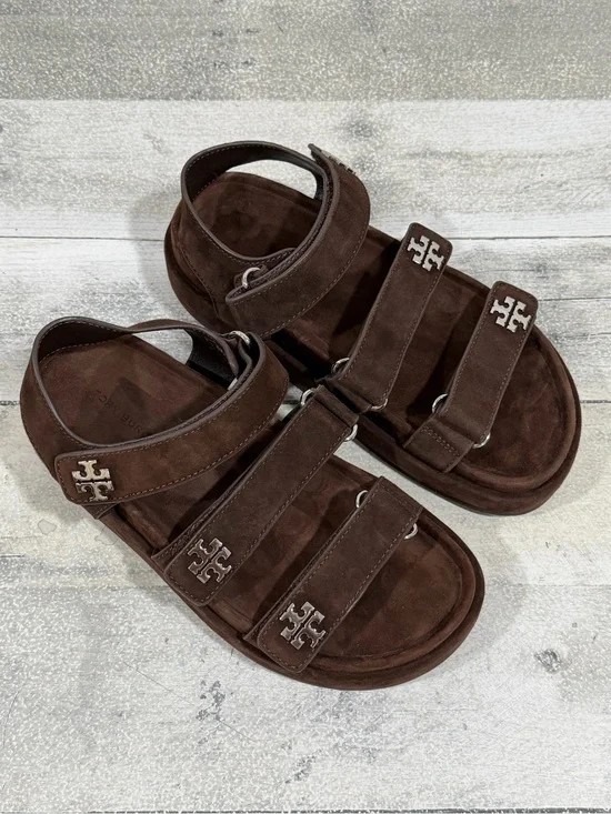 TORY BURCH KIRA SPORT TRIPLE-STRAP SANDAL IN DARK COCOA / SILVER - SZ - 6.5
