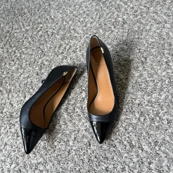 Tory Burch Penelope Cap Toe Pumps Heels Sz 5 Black Leather Patent Pointed Toe