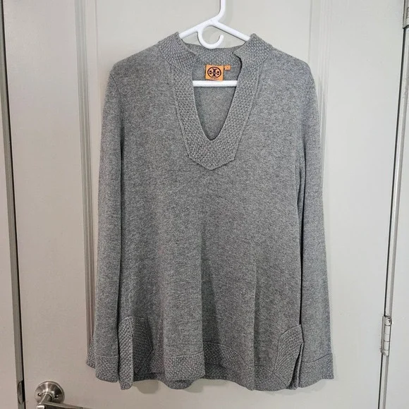 Tory Burch Womens Gray 100% Cashmere Split V-Neck Tunic Sweater Size L
