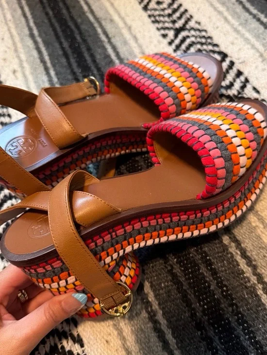 Tory Burch Brown Multicolor Woven Platform Sandals