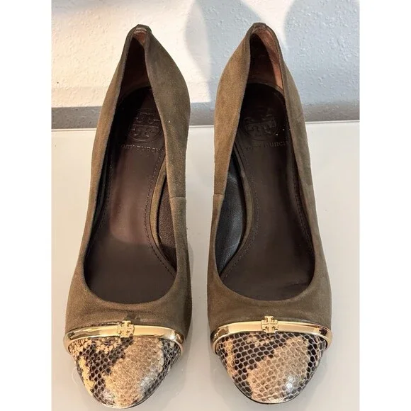 Tory Burch Suede‎ Snakeskin Cap Toe Pumps Size 8 Gold Logo Leather Sole Heels
