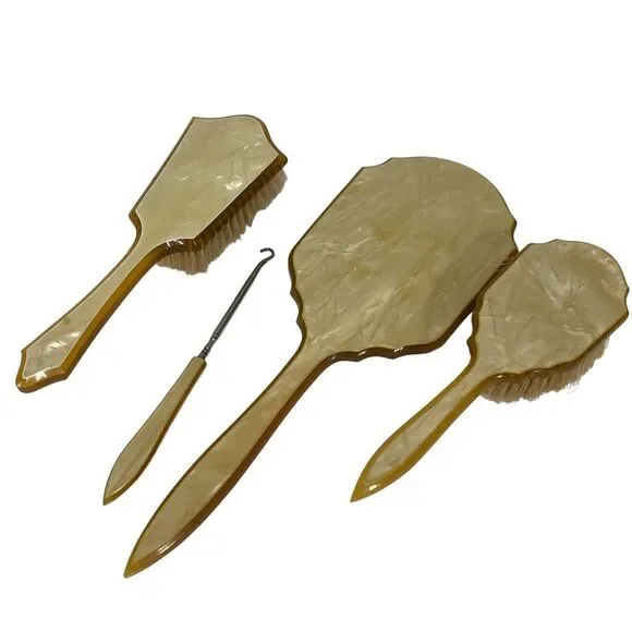4 Pcs Vanity Set Art Deco Celluloid Bakelite  Mirror 2 Brushes Hand‎ weave VTG