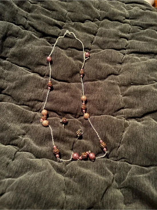 RMN Rose and Beaded Long Necklace with Matching Earrings
