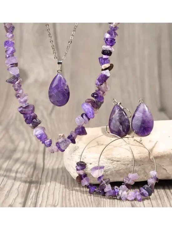NWT White Gold Plated Amethyst Crystal Jewelry Set Boho Layered Necklace Earring