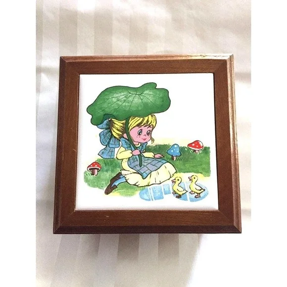 Vintage Girls‎ Wood Jewelry Box Ceramic Tile Mirror Calico Prairie Girl Big Eyes