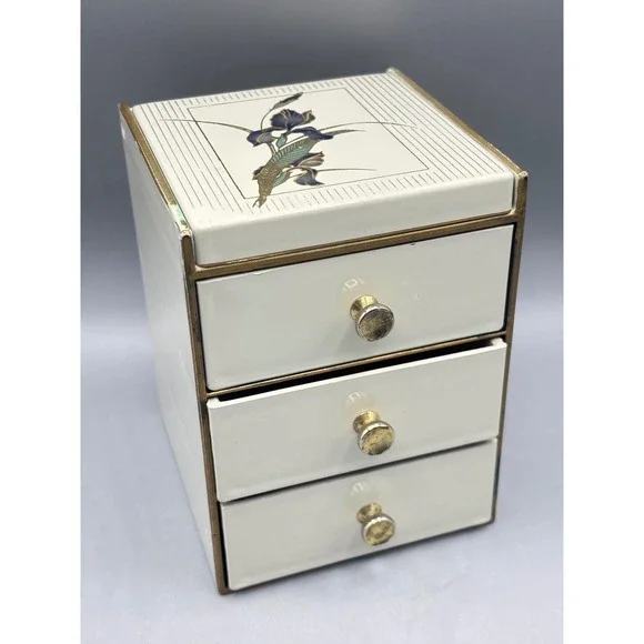 Vintage Otagiri Japan Grand Iris Jewelry Box 3 Drawer Mirror Cream Lacquerware‎