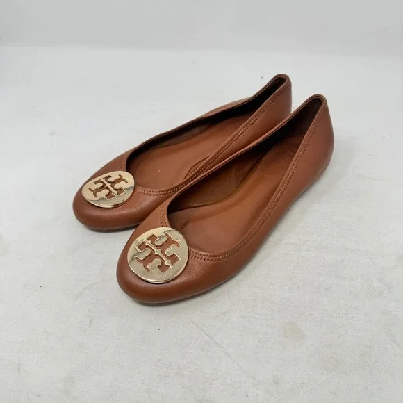 Tory Burch Minnie Travel Ballet Flats Brown 39 Gold Logo Leather Classic Shoes