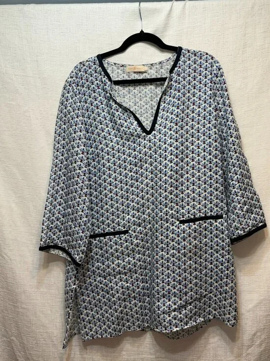 Tory Burch Blue Floral Geometric Print Split Neck Tunic Blouse Large