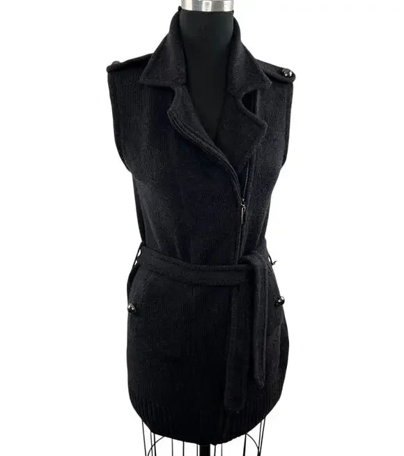 TORY BURCH Dark Gray Merino Wool Belt Full Zip Sleeveless Sweater Jacket Vest S