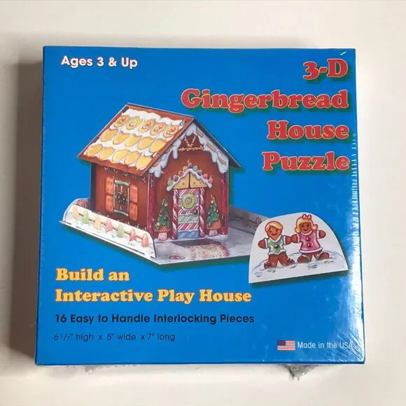 New 3-D Gingerbread House Puzzle 16 Pieces Christmas Holidays 7”L x 5”W x 6.5”H