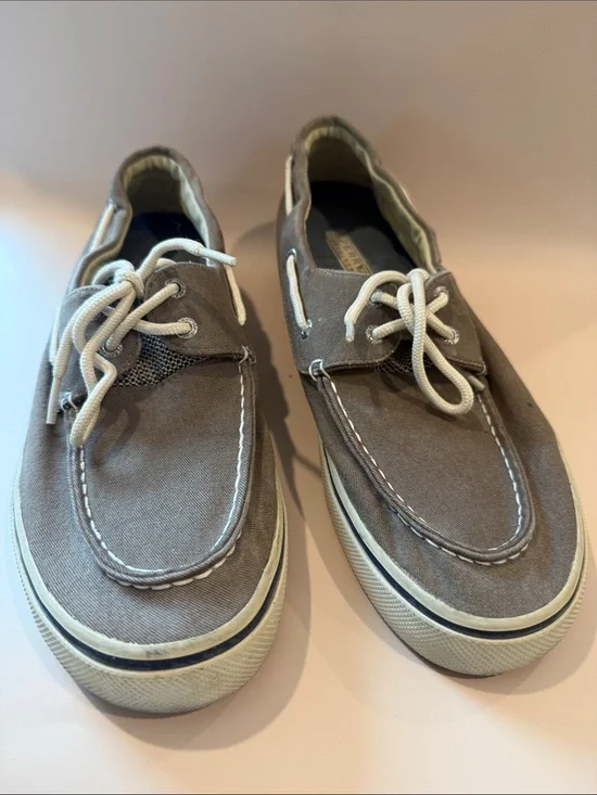 Sperry Taupe Canvas Boat Shoes with White Laces Size 12