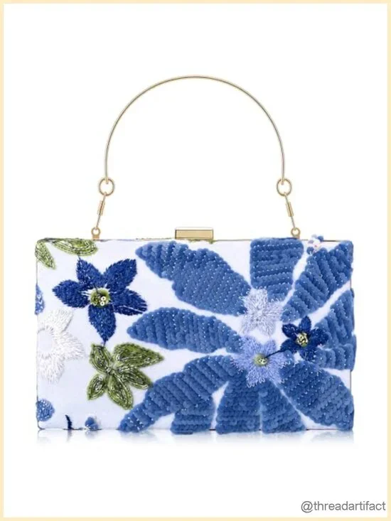 Hand Embroidered Beaded Sequin Evening Clutch Envelope Box Handbag with Handle