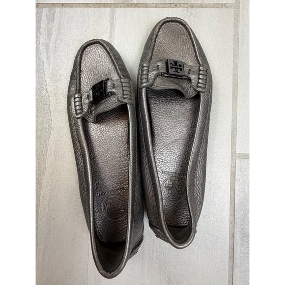 Tory Burch Metallic Pewter Leather Logo Driving Loafers Shoes Womens 9M Gunmetal