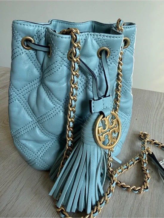 NWT Tory Burch Fleming Soft Mini Bucket Bag – Blue Leather