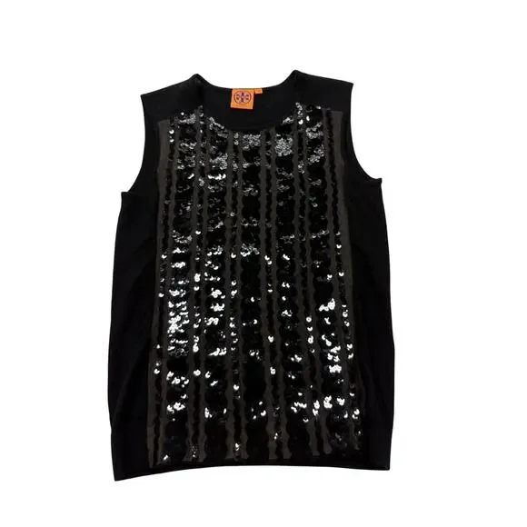 Tory Burch Black Sequin Silk Wool Sleeveless Sweater Top Women’s Medium M