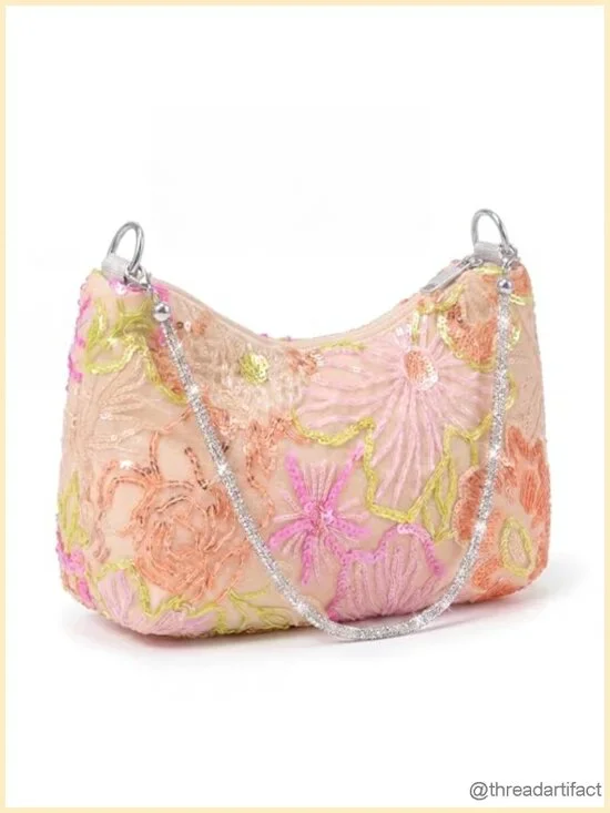 Floral Beaded Sequin Embroidered Shoulder Evening Bridal Purse Top Handle