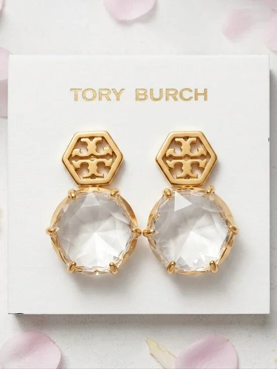 Tory Burch Gold-Tone Crystal Clear Hexagon Logo Drop Earrings