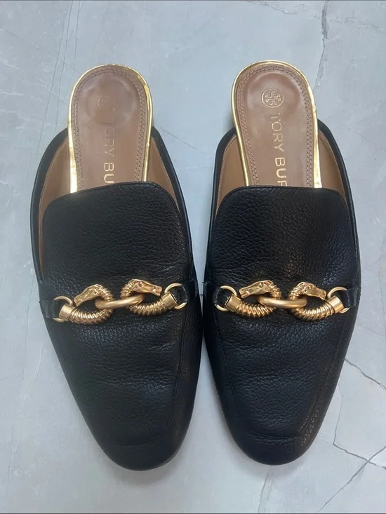 Tory Burch Jessa Backless Loafers in black pebbled leather