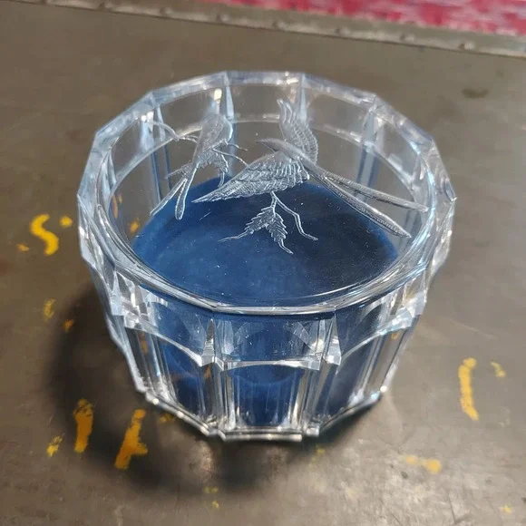 Vintage Etched Bird Trinket Box Clear Faceted Jewelry Case Blue Velvet Lining