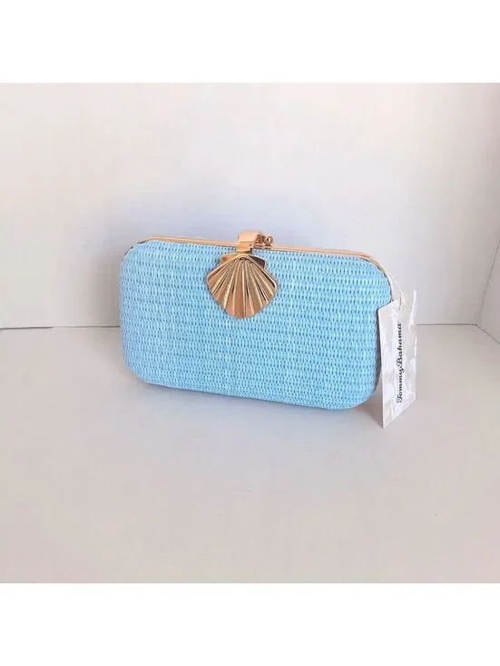 NWT Tommy Bahama Light Blue Woven Shell Clasp Clutch Handbag W Gold Chain Strap