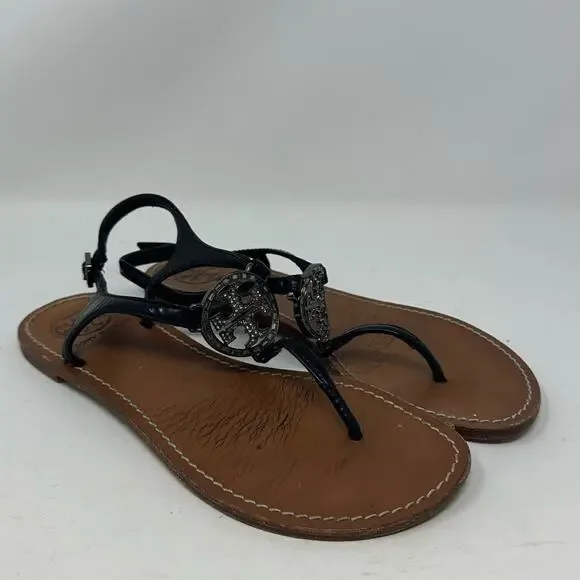 Tory Burch Violet Thong Sandals Black Crystal Logo Size 7.5 Leather Ankle Strap