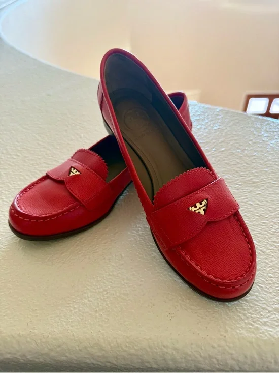 Tory Burch Bright Red Leather Penny Loafers with Gold Logo