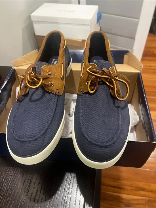 Polo by Ralph Lauren Navy Canvas with Brown Suede Trim Boat Men’s Size 12M