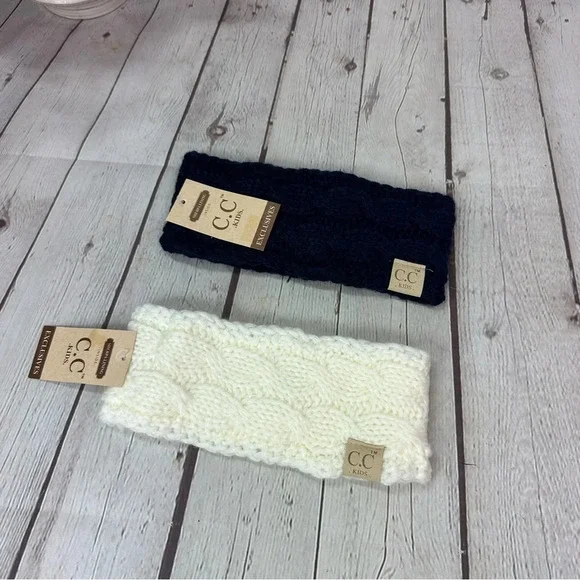 NWT boutique C.C. kids head warmers crochet headband ivory and navy