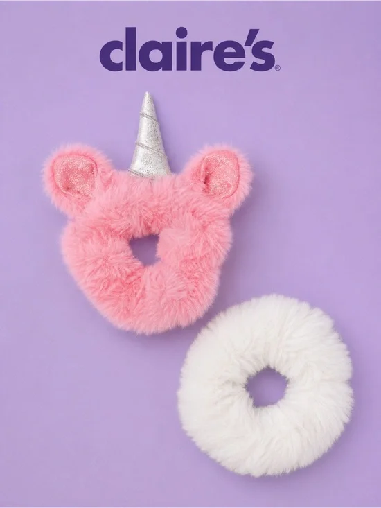 Claire’s Club Pink & White Faux Fur Unicorn Scrunchie Set NWT | Fluffy Fuzzy