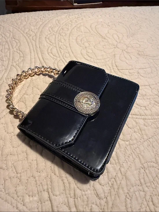 Aldo Lottum Black Patent Wristlet Clutch with Gold Chain