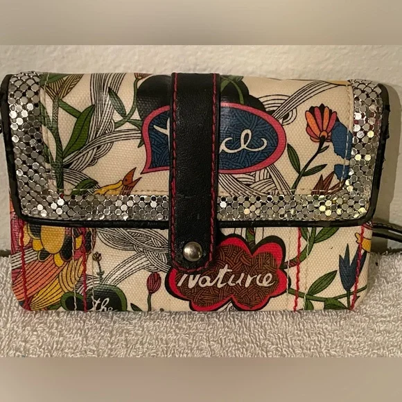 VTG: Sakroots Slim Clutch Bag (8.5 x 6) Nature Peace Ivory/Blk trim Sequins