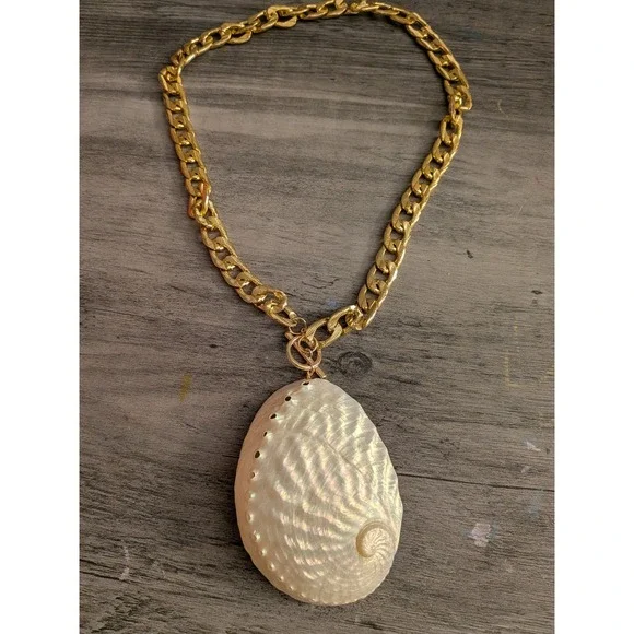 Gold Curb Chain Necklace Large Faux Abalone Shell Pendant Toggle Clasp