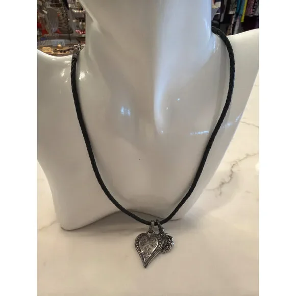 Brighton Heart Charm Necklace Black Braided Leather Cord Silver-Tone