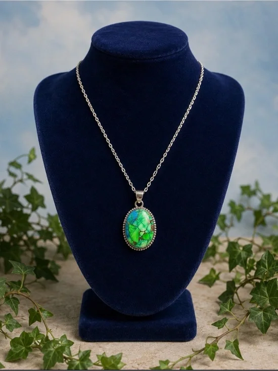 Pendant Peacock Dahlia Turquoise 925 Sterling Silver Oval Statement Necklace