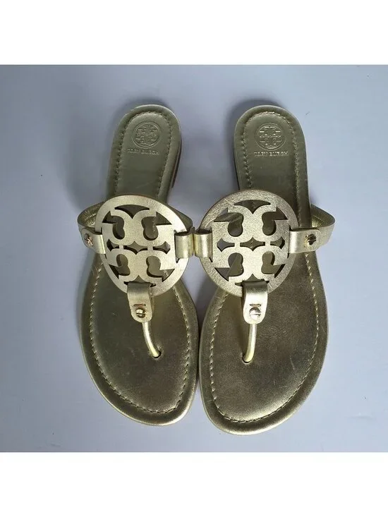 Tory Burch Miller Metallic Gold Leather Vacation Thong Sandals Logo Slide. Sz 9M