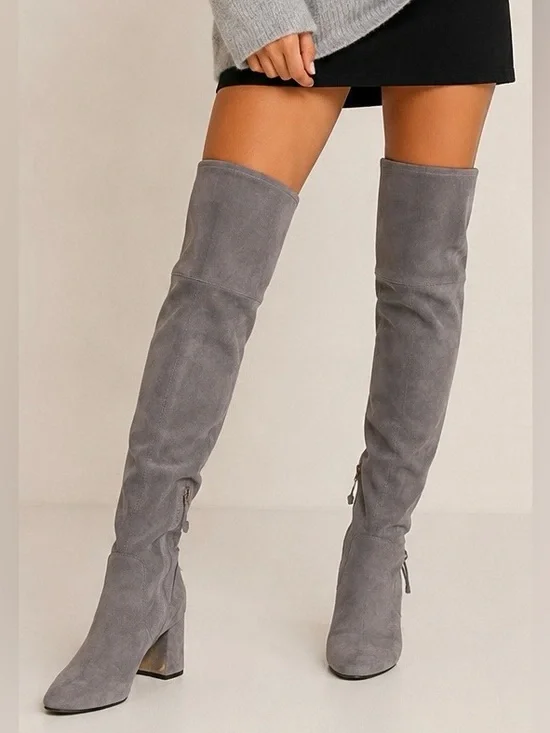 Tory Burch Laila Gray Suede Stretch Over The Knee Boots Size 5 Block Heel OTK
